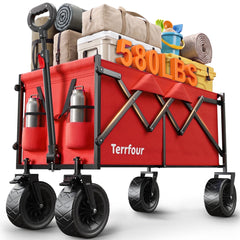 Terrfour 560LBS Collapsible Folding Wagon, Heavy Duty Utility Cart for Grocery, Shopping, Garden, Sports, Camping, Red