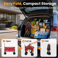 Terrfour 560LBS Collapsible Folding Wagon, Heavy Duty Utility Cart for Grocery, Shopping, Garden, Sports, Camping, Red